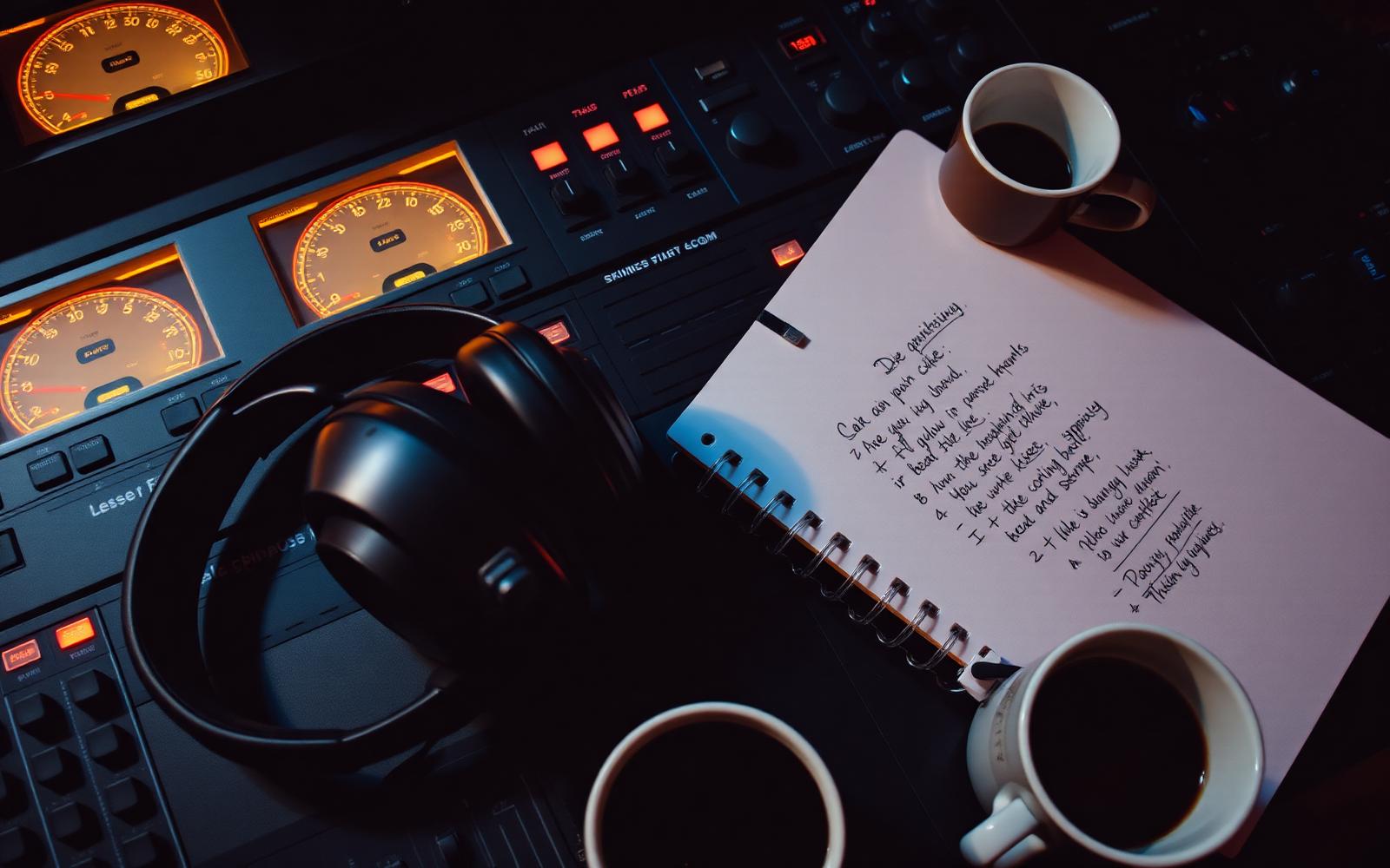 Mixing desk and handwritten lyrics